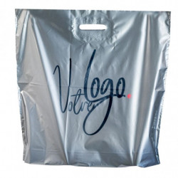 Sachet avec votre logo 350 x 450 mm argent, Poignées découpées renforcées, Impression 1 couleur, Résistant, Opaque (x1000)